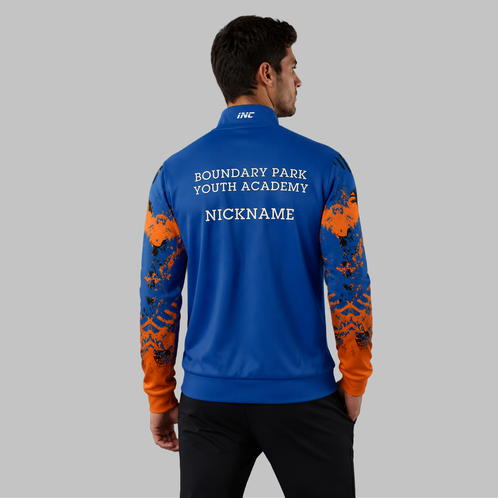 Back view of the unisex Official Boundary Park Youth Darts Academy Tournament Jacket, showing the clean athletic panels and comfortable outer-shell design across the shoulders.