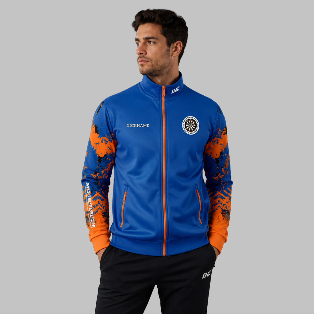 Front view of the unisex Official Boundary Park Youth Darts Academy Tournament Jacket, highlighting the sleek full-zip design, athletic collar, and prominent academy branding.