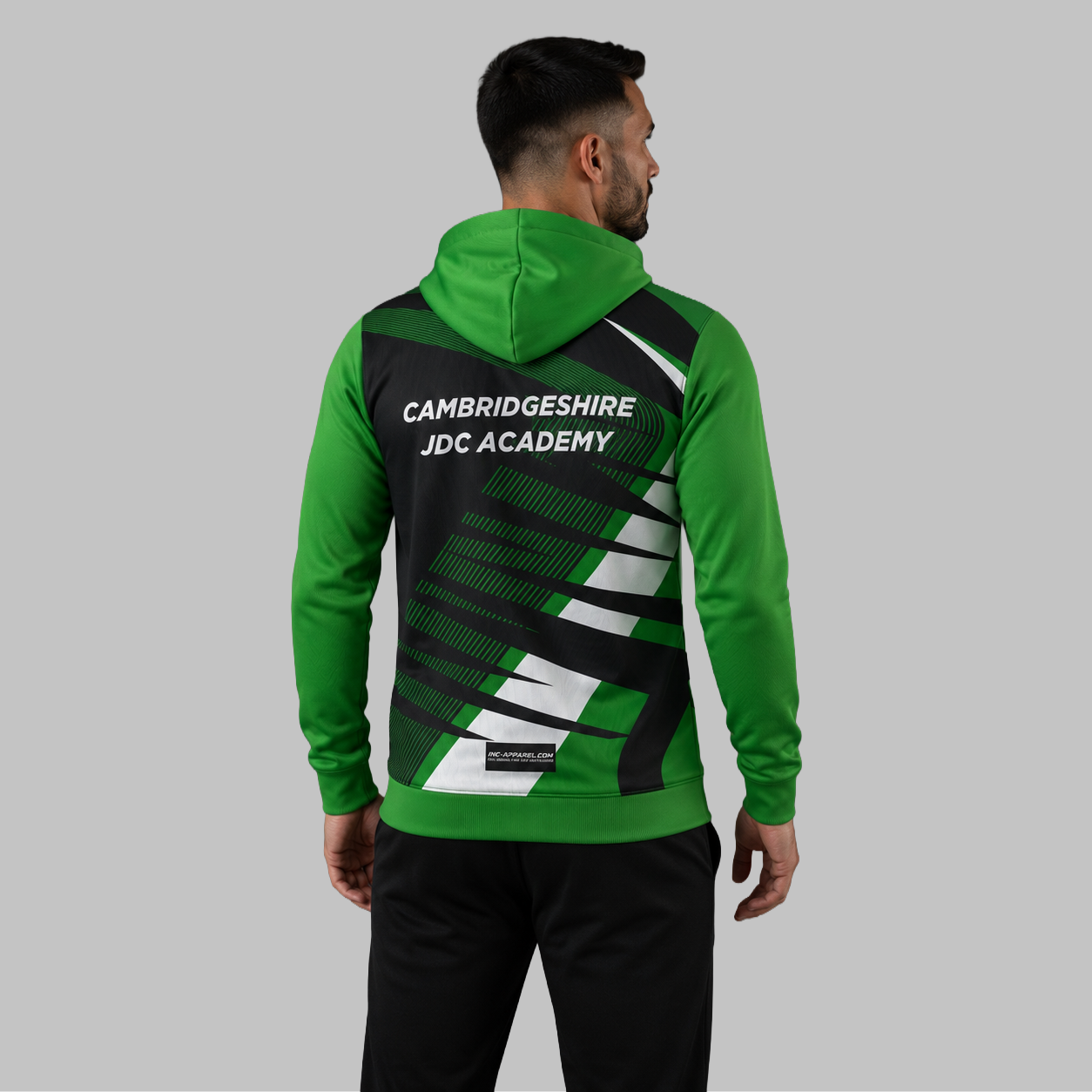 Back view of the unisex Official Cambridgeshire Darts Academy hoodie, showcasing the clean fit and double-lined hood architecture.