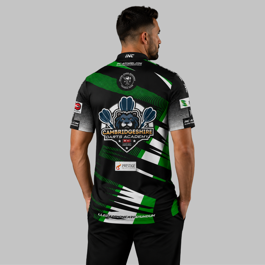 Back view of the Men and Youth Official Cambridgeshire Darts Academy shirt, showing the clean, continuous flow of the sublimated team design across the shoulders.