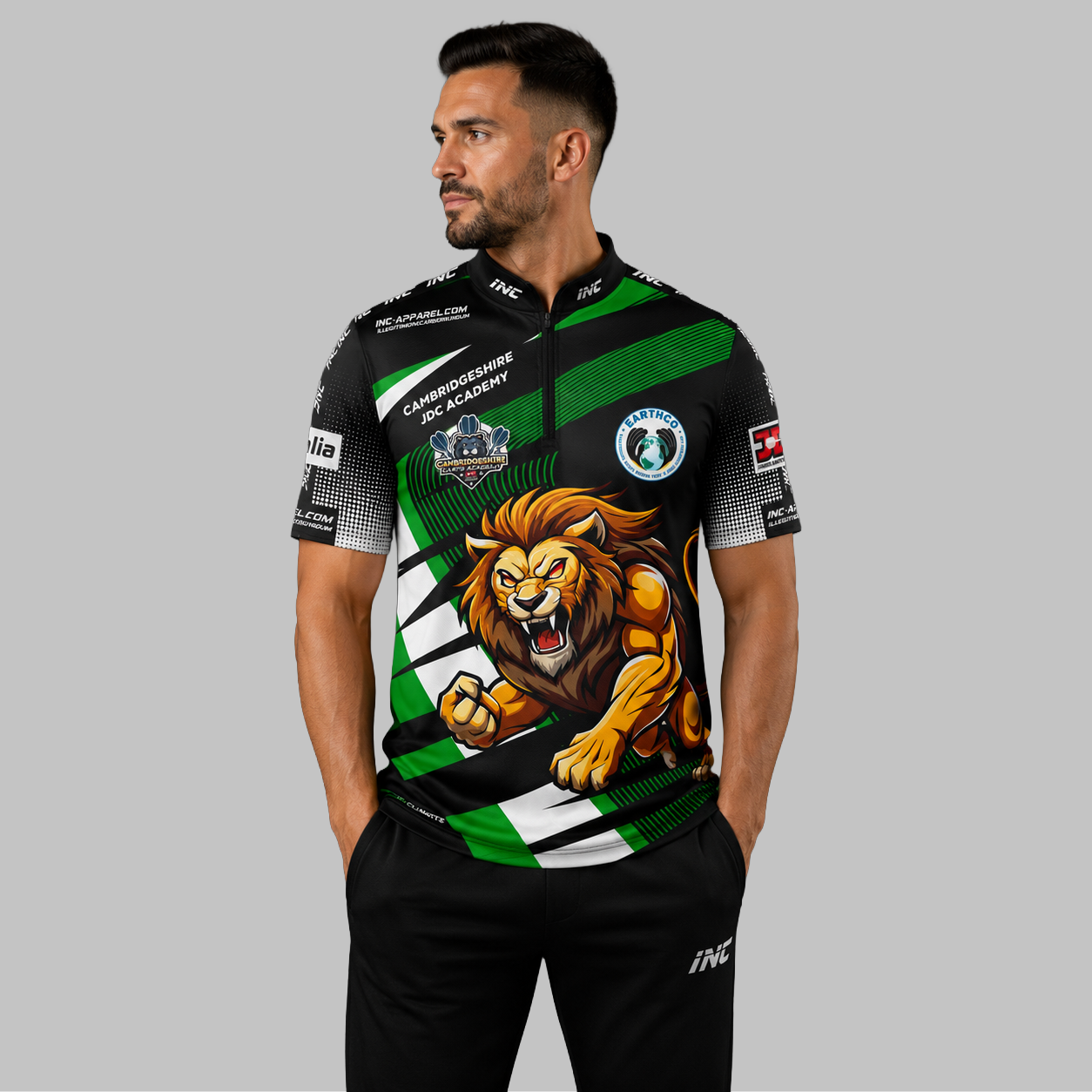 Front view of the Men and Youth Official Cambridgeshire Darts Academy shirt, showcasing the professional athletic design and prominent academy branding.