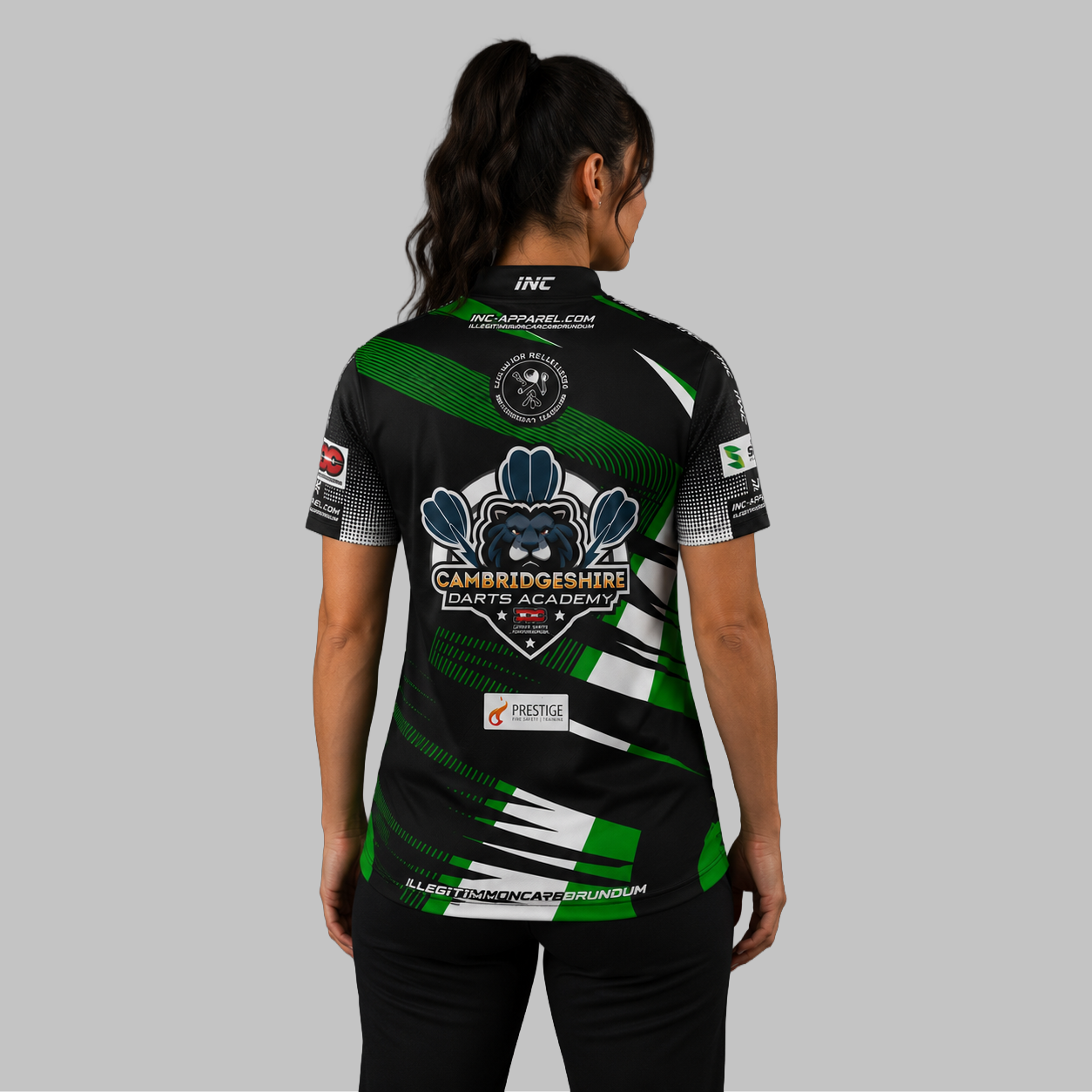 Back view of the Women's Official Cambridgeshire Darts Academy shirt, showcasing the seamless flow of the sublimated team design across the shoulders.