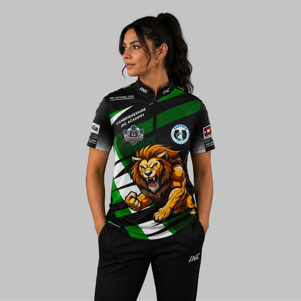 Front view of the Women's Official Cambridgeshire Darts Academy shirt, showing the custom-contoured athletic fit and prominent academy branding.