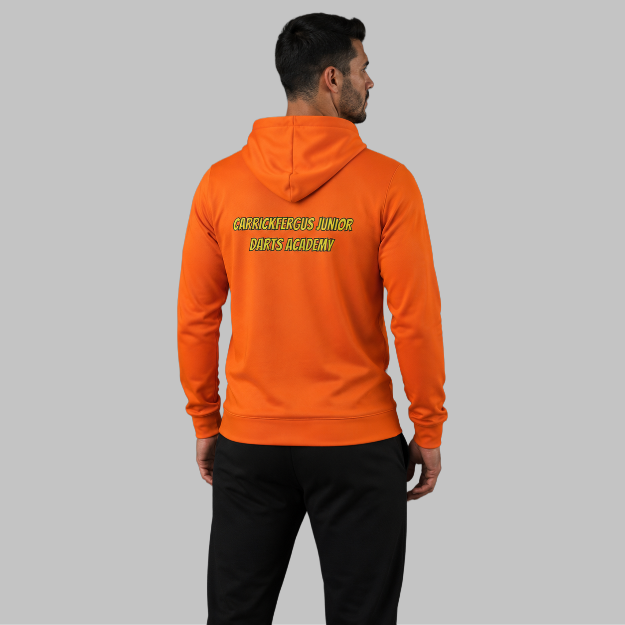 Back view of the unisex Official Carrickfergus Junior Darts Academy hoodie, showcasing the clean fit and double-lined hood architecture.