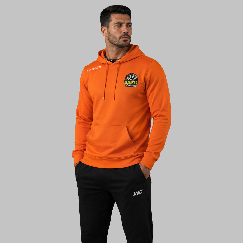Front view of the unisex Official Carrickfergus Junior Darts Academy hoodie, highlighting the cozy fleece design and bold academy branding across the chest.