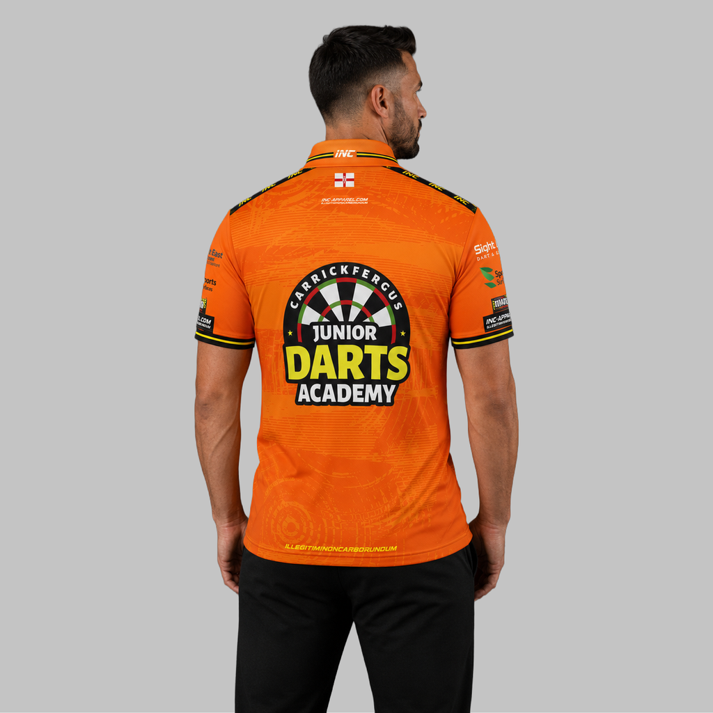 Back view of the Men and Youth Official Carrickfergus Junior Darts Academy shirt, showing the clean, continuous flow of the sublimated team design across the shoulders.