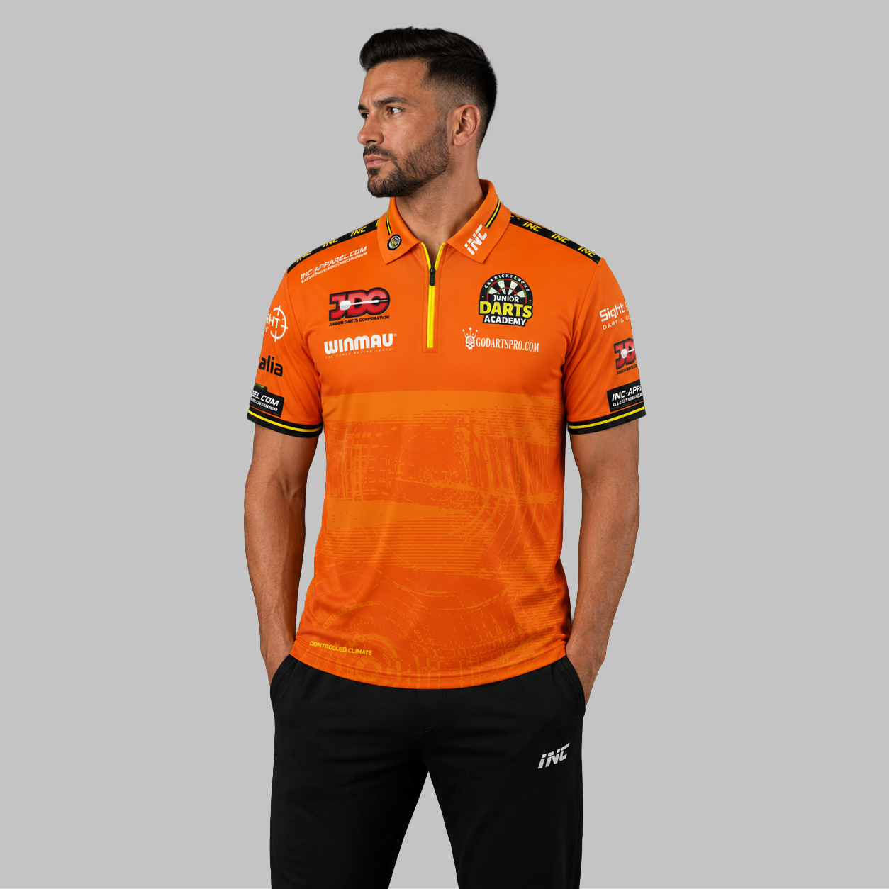 Front view of the Men and Youth Official Carrickfergus Junior Darts Academy shirt, showcasing the professional athletic design and prominent academy branding.