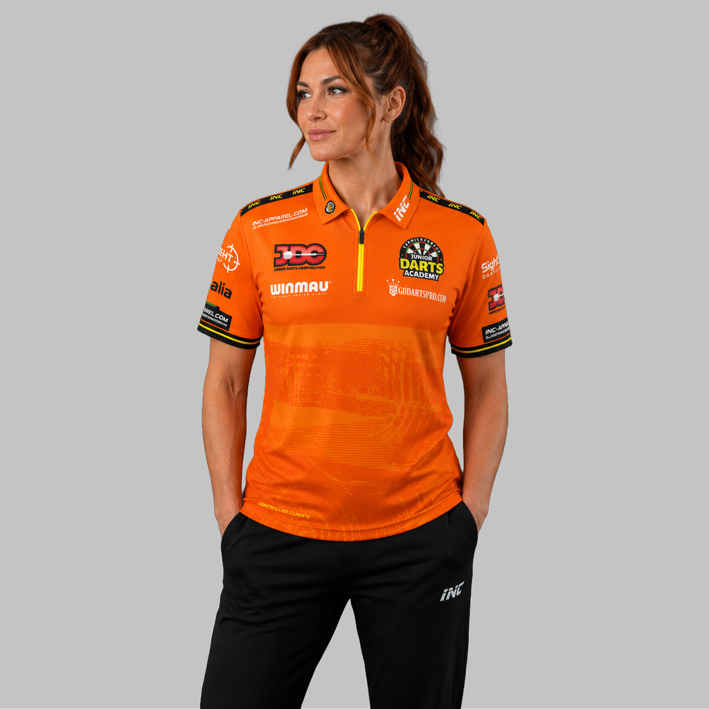 Front view of the Women's Official Carrickfergus Junior Darts Academy shirt, showing the custom-contoured athletic fit and prominent academy branding.