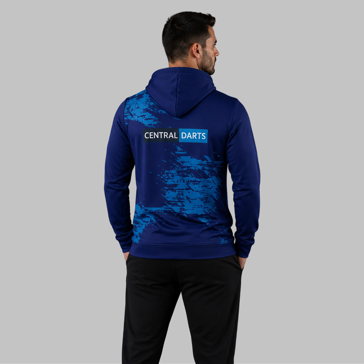 Back view of the unisex Official Central Darts League Academy hoodie, showcasing the clean fit and double-lined hood architecture.
