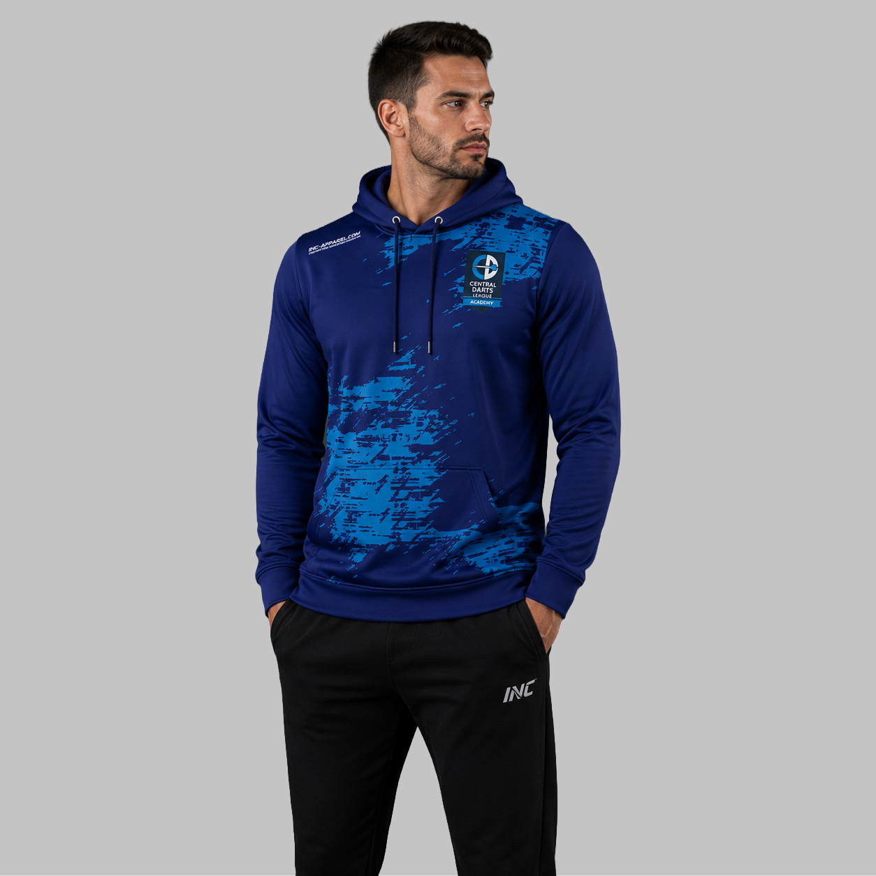 Front view of the unisex Official Central Darts League Academy hoodie, highlighting the cozy fleece design and bold academy branding across the chest.