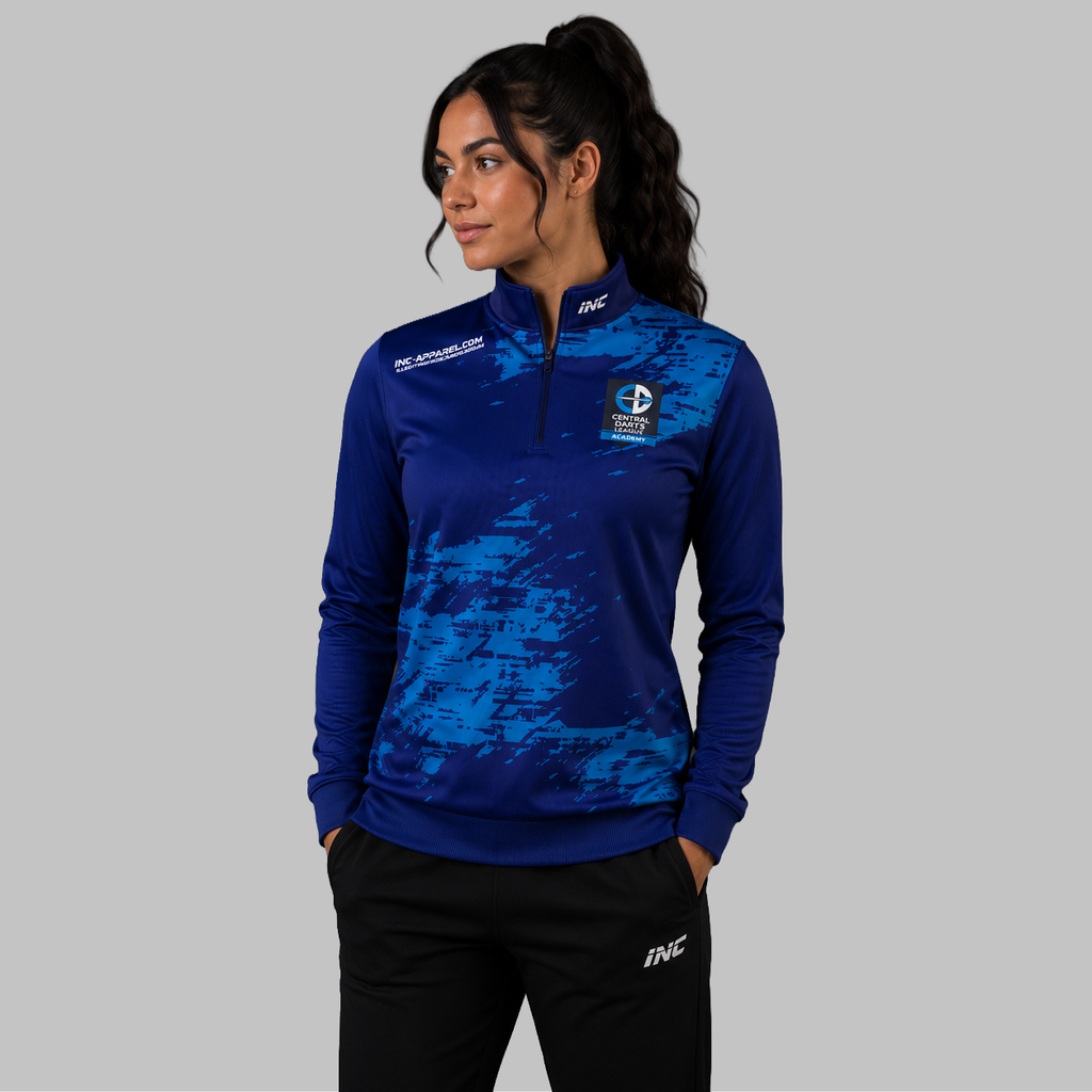 Front view of the unisex Official Central Darts League Academy Quarter Zip Midlayer, highlighting the athletic pullover design, stand-up collar, and official branding.