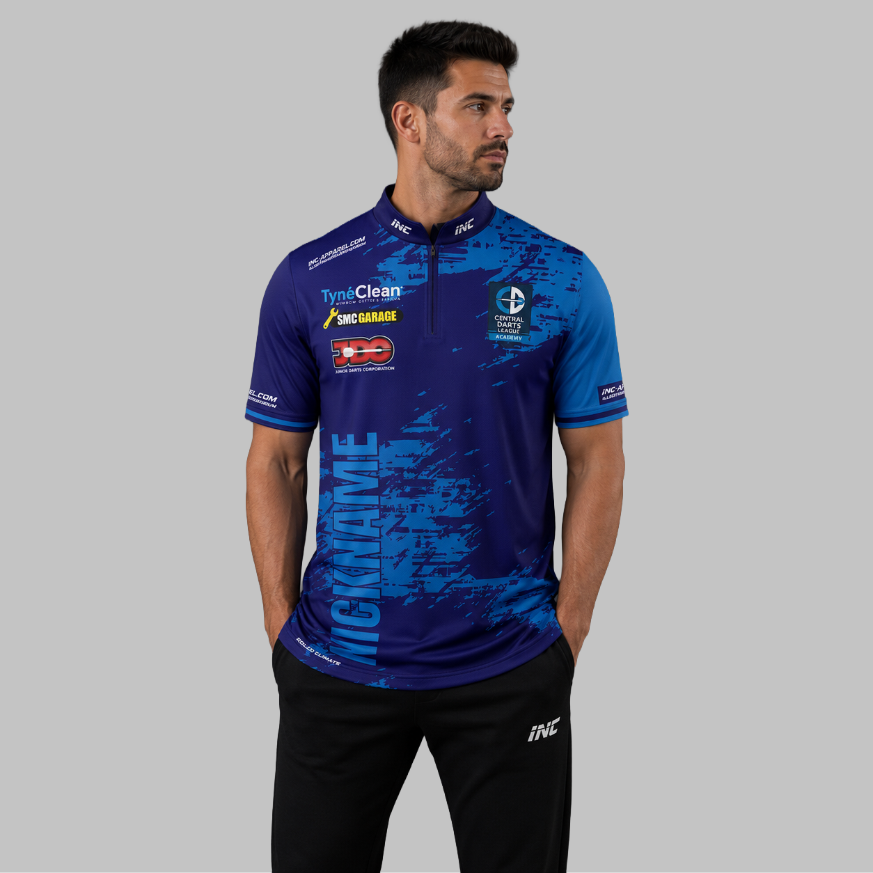 Front view of the Men and Youth Official Central Darts League Academy shirt, showcasing the professional athletic design and prominent academy branding.