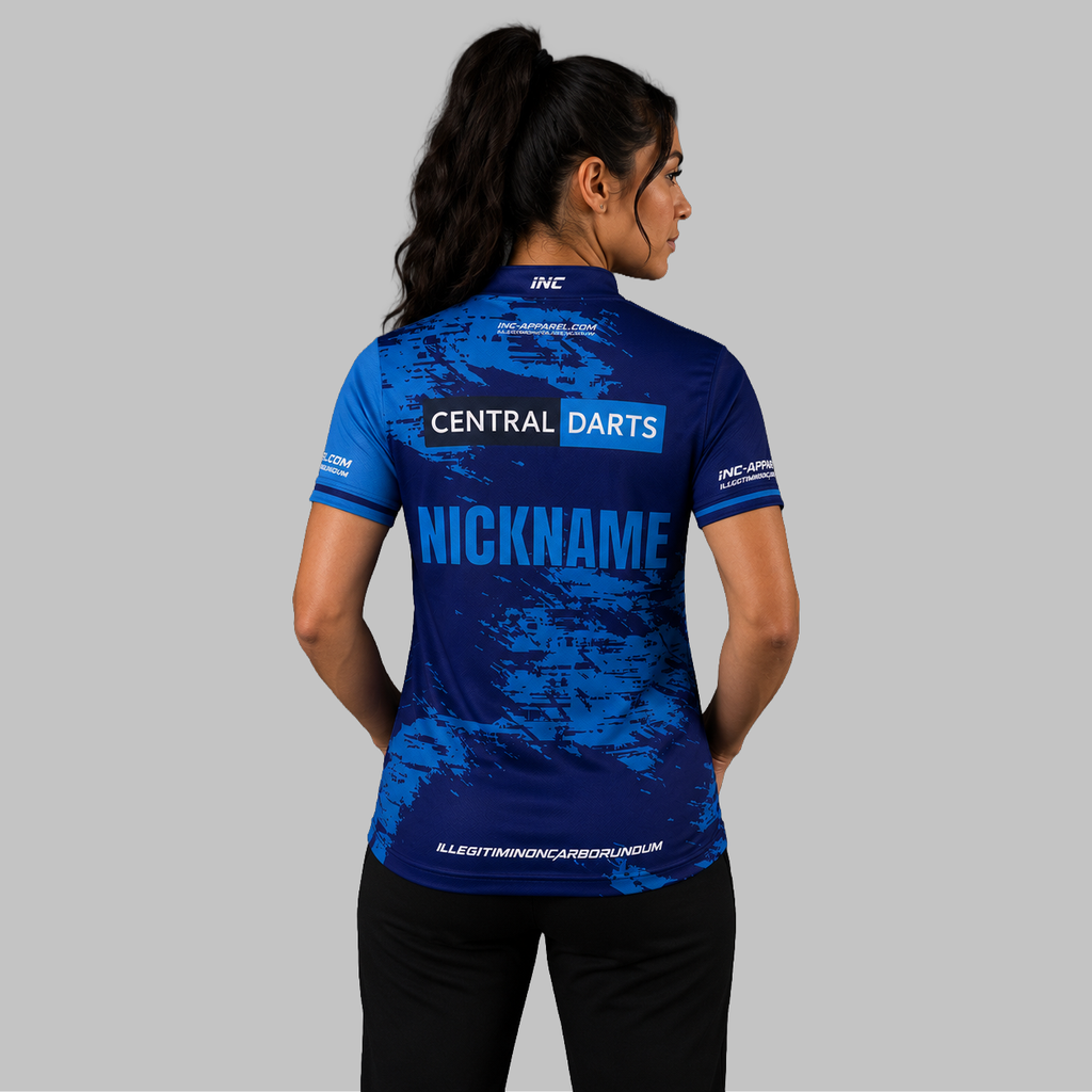 Back view of the Women's Official Central Darts League Academy shirt, showcasing the seamless flow of the sublimated team design across the shoulders.