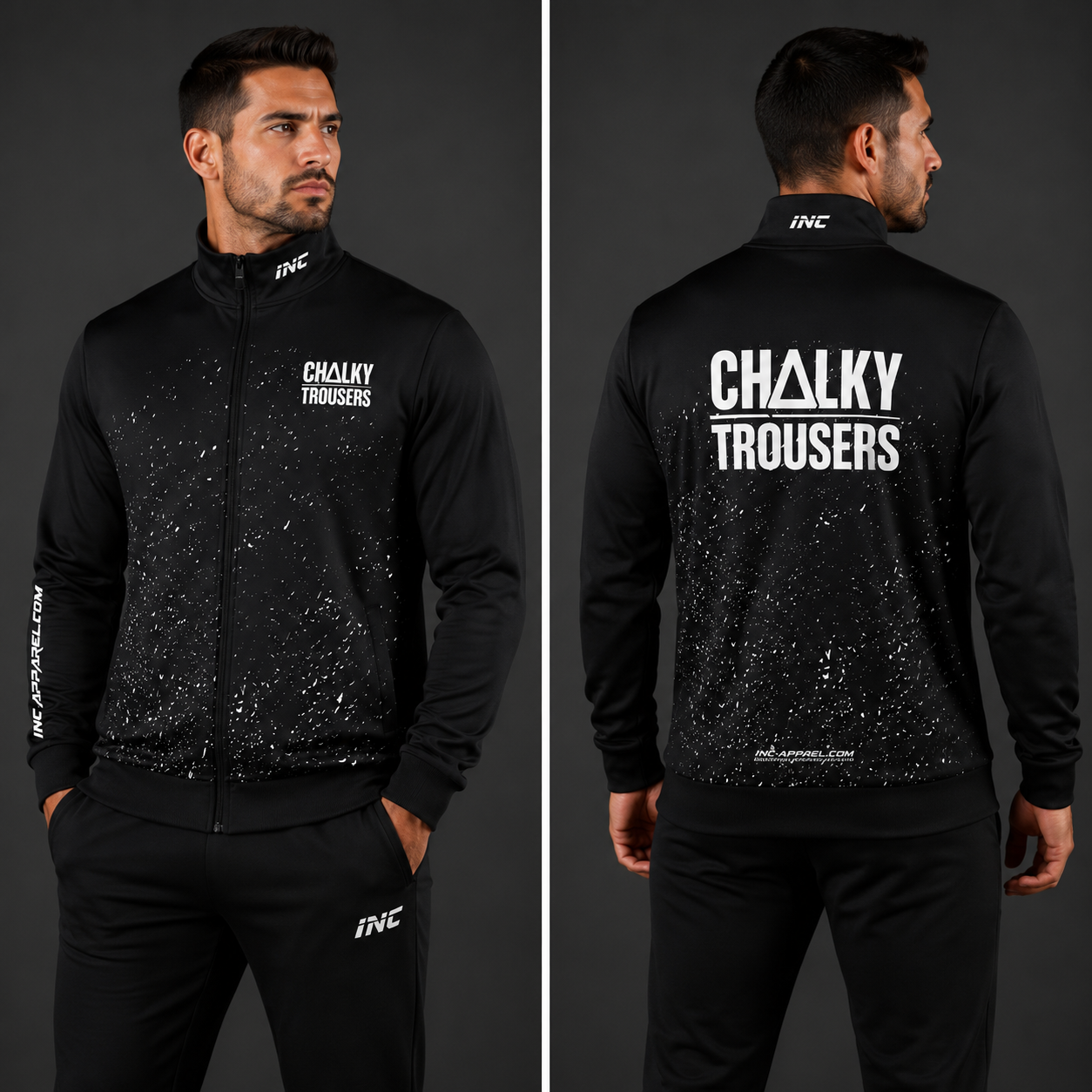 Front view of the unisex Official Chalky Trousers Tournament Jacket, highlighting the sleek full-zip design, athletic collar, and prominent team branding.