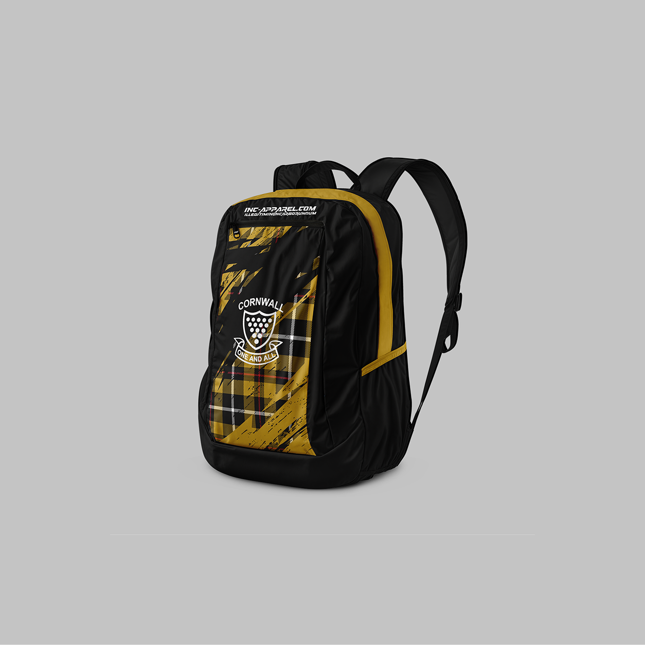 Front view of the Official Cornwall County Pool Backpack, showing the 40 cm high compact profile, zippered front compartments, and official county crest.