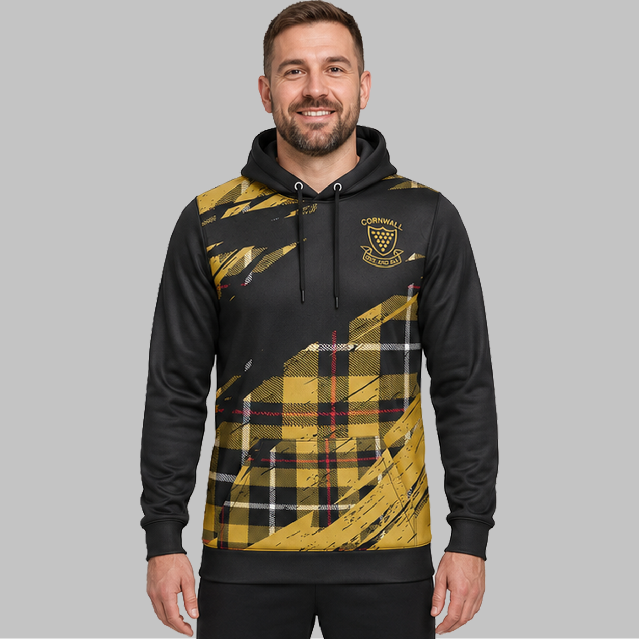 Front view of the unisex Official Cornwall County Pool Hoodie, featuring the cozy pouch pocket, adjustable hood, and bold official county crest.