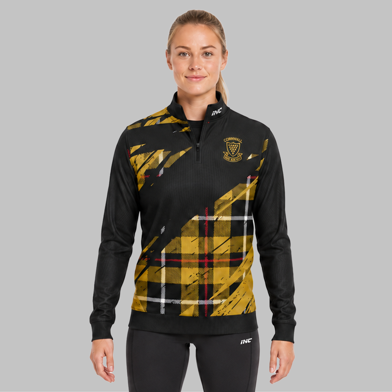 Front view of the unisex Official Cornwall County Pool Quarter Zip Midlayer, highlighting the athletic quarter-zip design, high collar, and sharp official county crest.