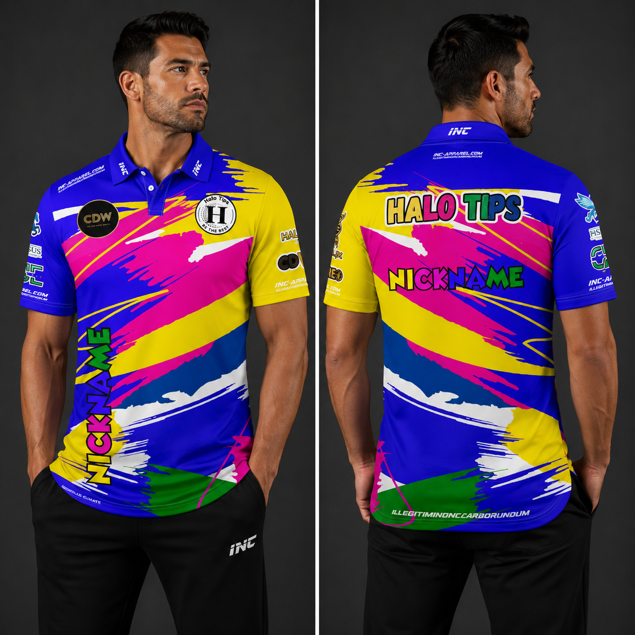 Front view of the Men and Youth Official Cue and Dartworld Darts shirt, showcasing the professional athletic design and prominent team branding.