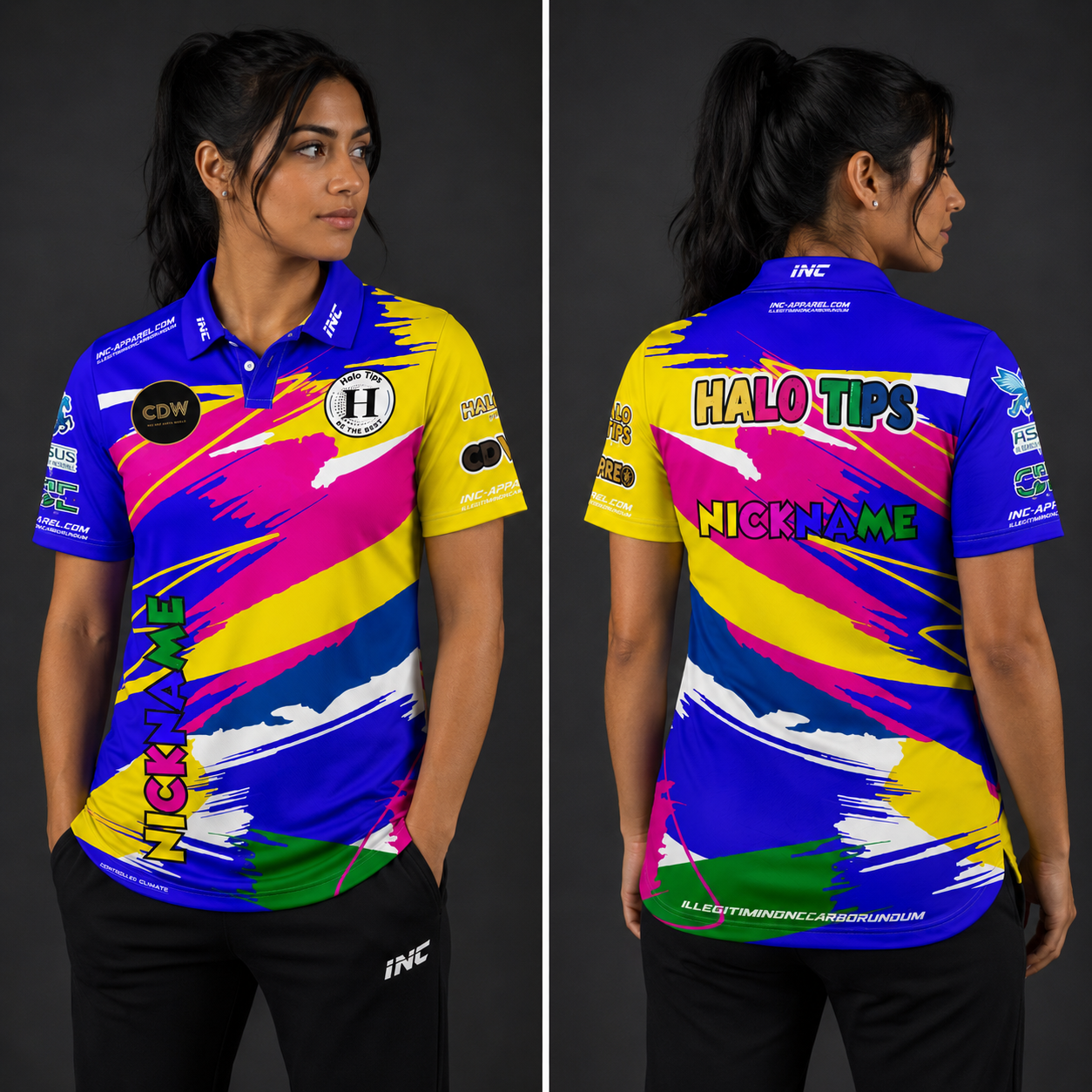 Front view of the Women's Official Cue and Dartworld Darts shirt, showing the custom-contoured athletic fit and prominent team branding.