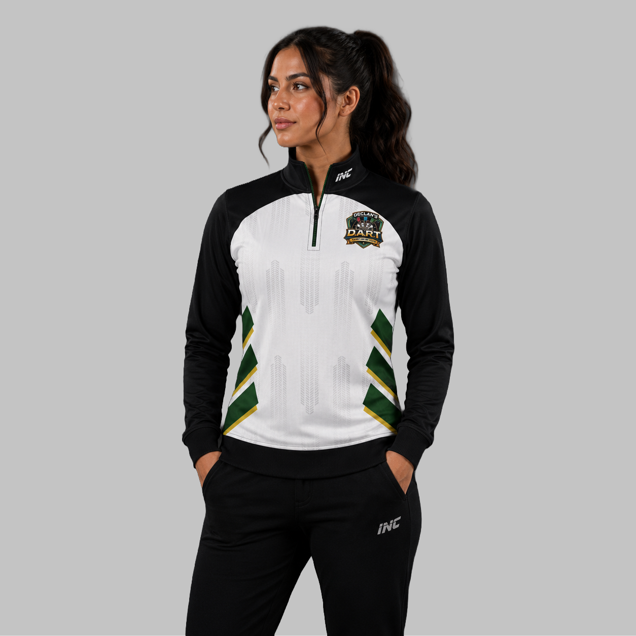 Front view of the unisex Official DART Academy Quarter Zip Midlayer, highlighting the athletic pullover design, stand-up collar, and official academy branding.