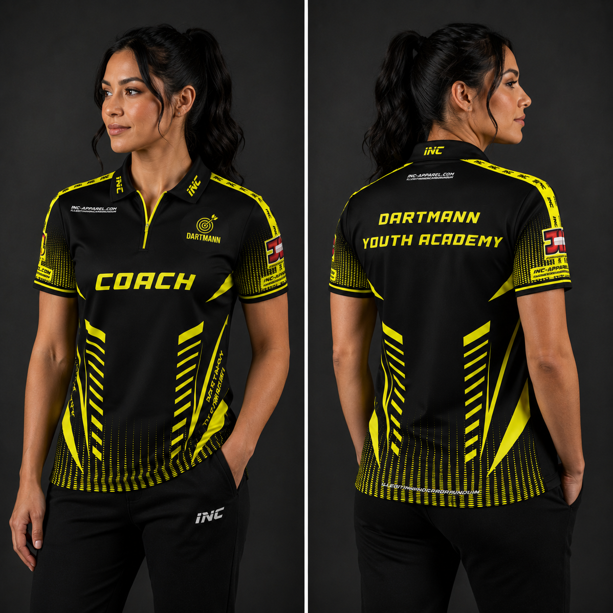 Front view of the Women's Official Dartmann Youth Academy Coaches Zip Polo shirt, highlighting the custom-contoured athletic fit, quarter-zip neckline, and official academy coach branding.