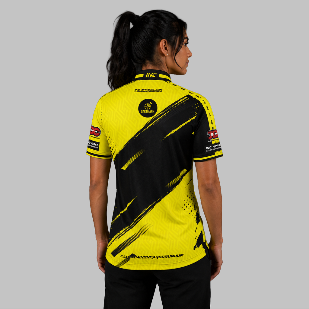Back view of the Women's Official Dartmann Youth Academy Darts shirt, showcasing the seamless flow of the sublimated academy design across the shoulders.