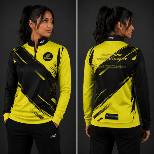 Front view of the unisex Official Dartmann Youth Academy Quarter Zip Midlayer, highlighting the athletic pullover design, stand-up collar, and official academy branding.