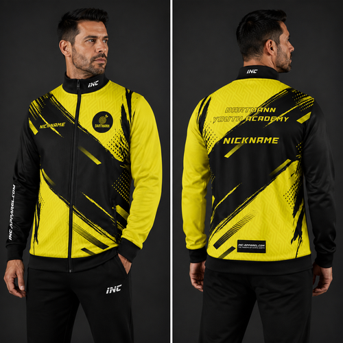 Front view of the unisex Official Dartmann Youth Academy Tournament Jacket, highlighting the sleek full-zip design, athletic collar, and prominent academy branding.