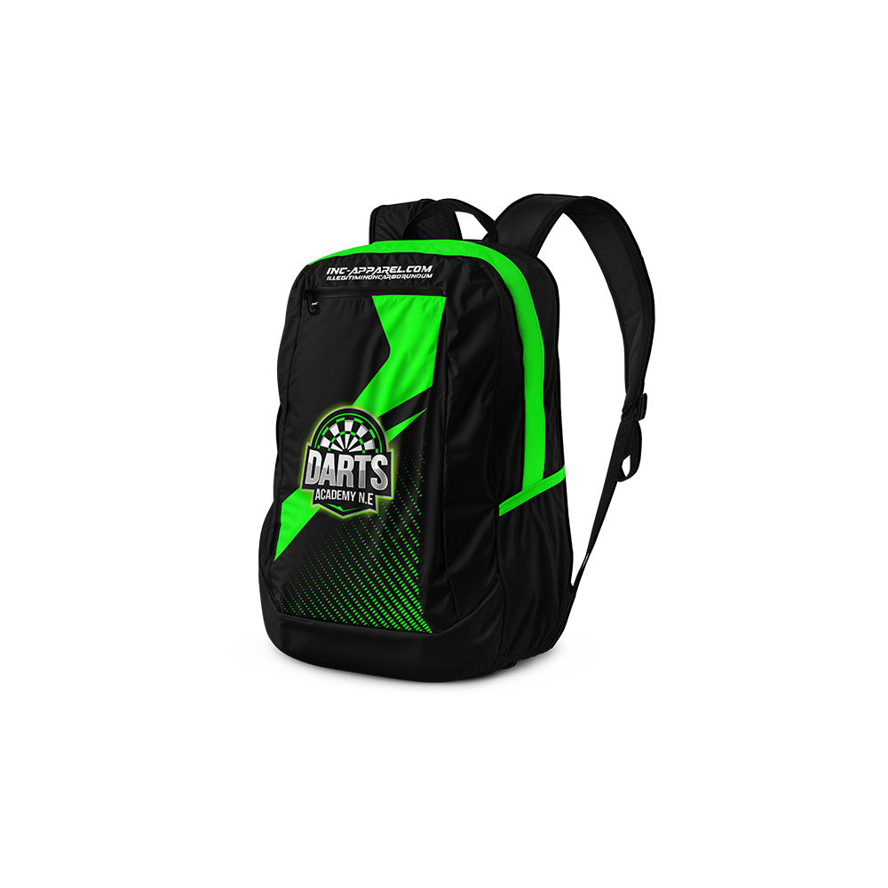 Front view of the Official Darts Academy North East Backpack, showcasing the durable zippered compartments, streamlined profile, and prominent official academy logo.