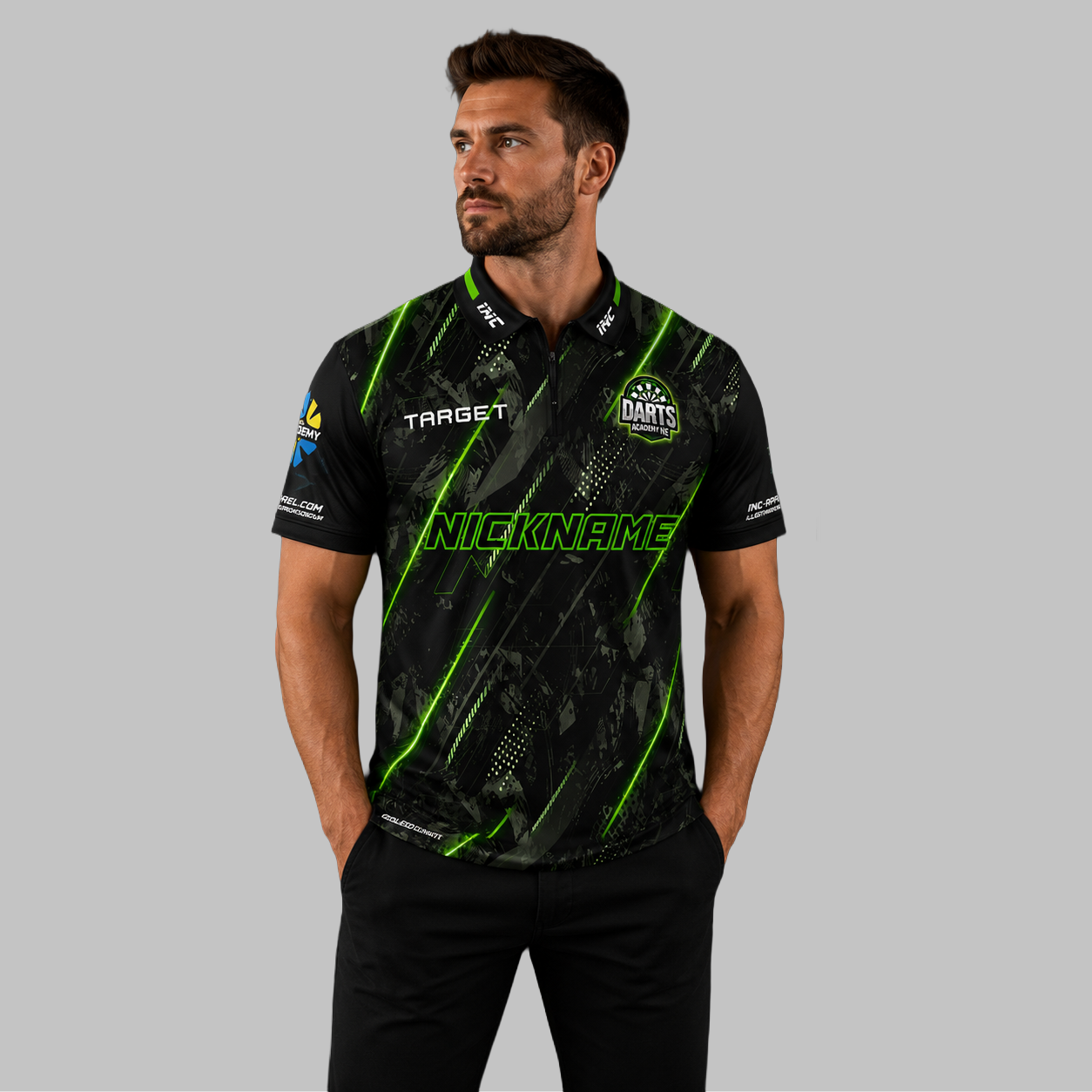 Front view of the Men and Youth Official Darts Academy North East Coaches and Mentors Shirt, featuring the professional collar, premium team panels, and prominent coach designation.