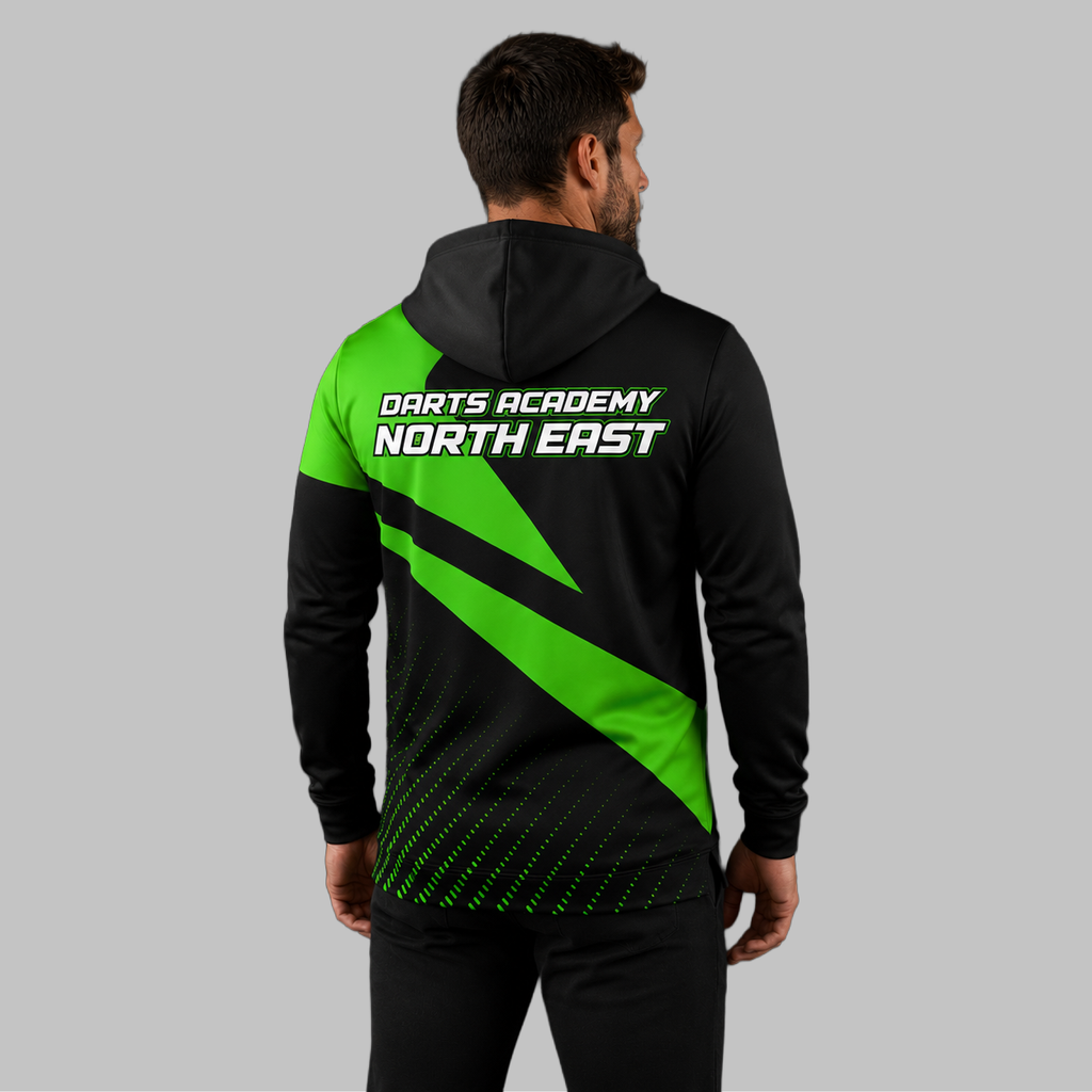 Back view of the unisex Official Darts Academy North East Hoodie, showcasing the clean fit and double-lined hood architecture.