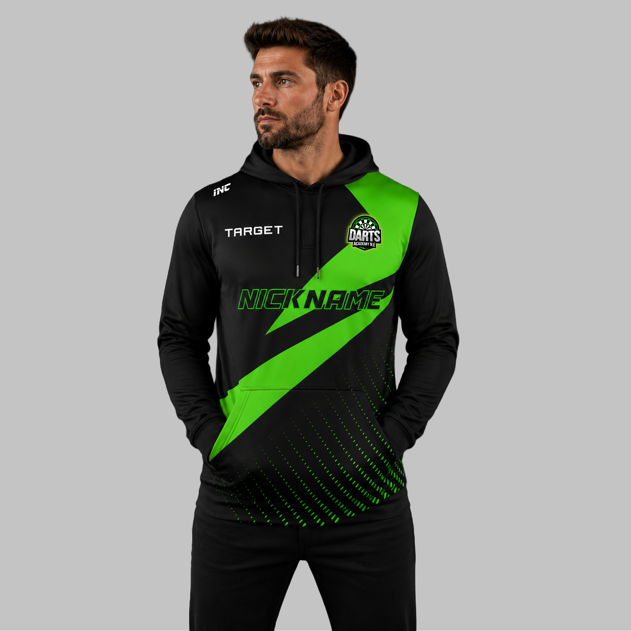 Front view of the unisex Official Darts Academy North East Hoodie, highlighting the cozy fleece design and bold official branding across the chest.