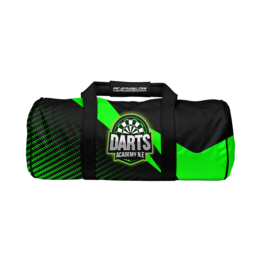 Official Darts Academy North East Kit Bag, showing the rugged zippered main compartment, reinforced handles, and prominent academy logo.
