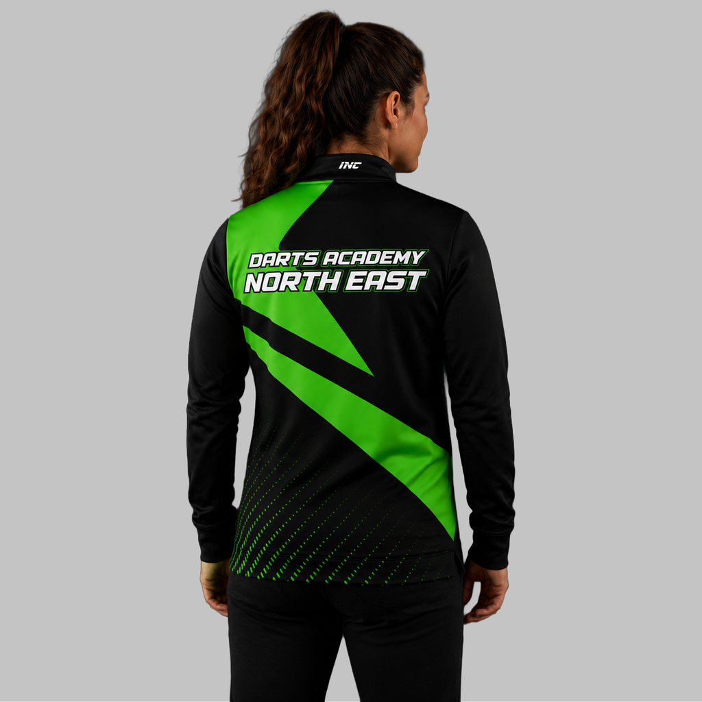 Back view of the unisex Official Darts Academy North East Quarter Zip Midlayer, showcasing the clean athletic silhouette and flexible shoulder construction.