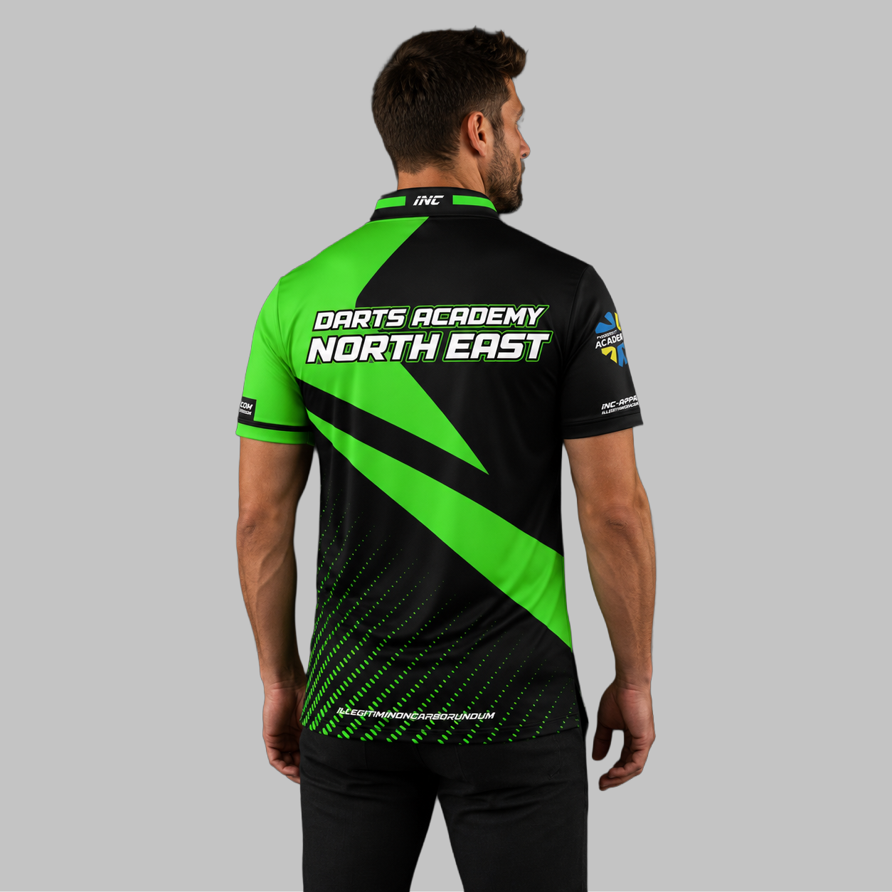 Back view of the Men and Youth Official Darts Academy North East Shirt, showcasing the clean athletic fit and unrestricted shoulder construction.