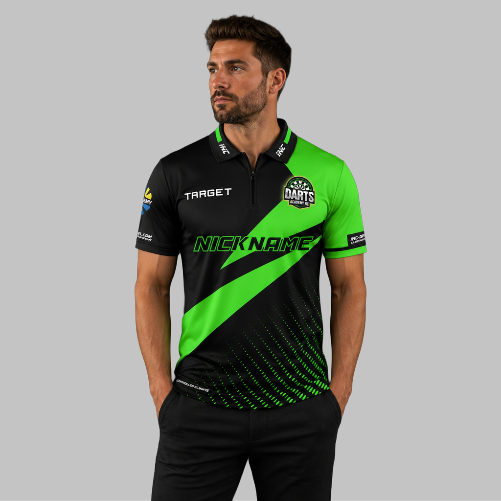 Front view of the Men and Youth Official Darts Academy North East Shirt, showing the dynamic team styling, professional collar, and sharp sublimated graphics.