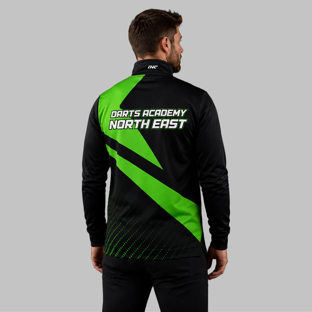 Back view of the unisex Official Darts Academy North East Tournament Jacket, showing the clean team color panels and comfortable outer-shell design across the shoulders.