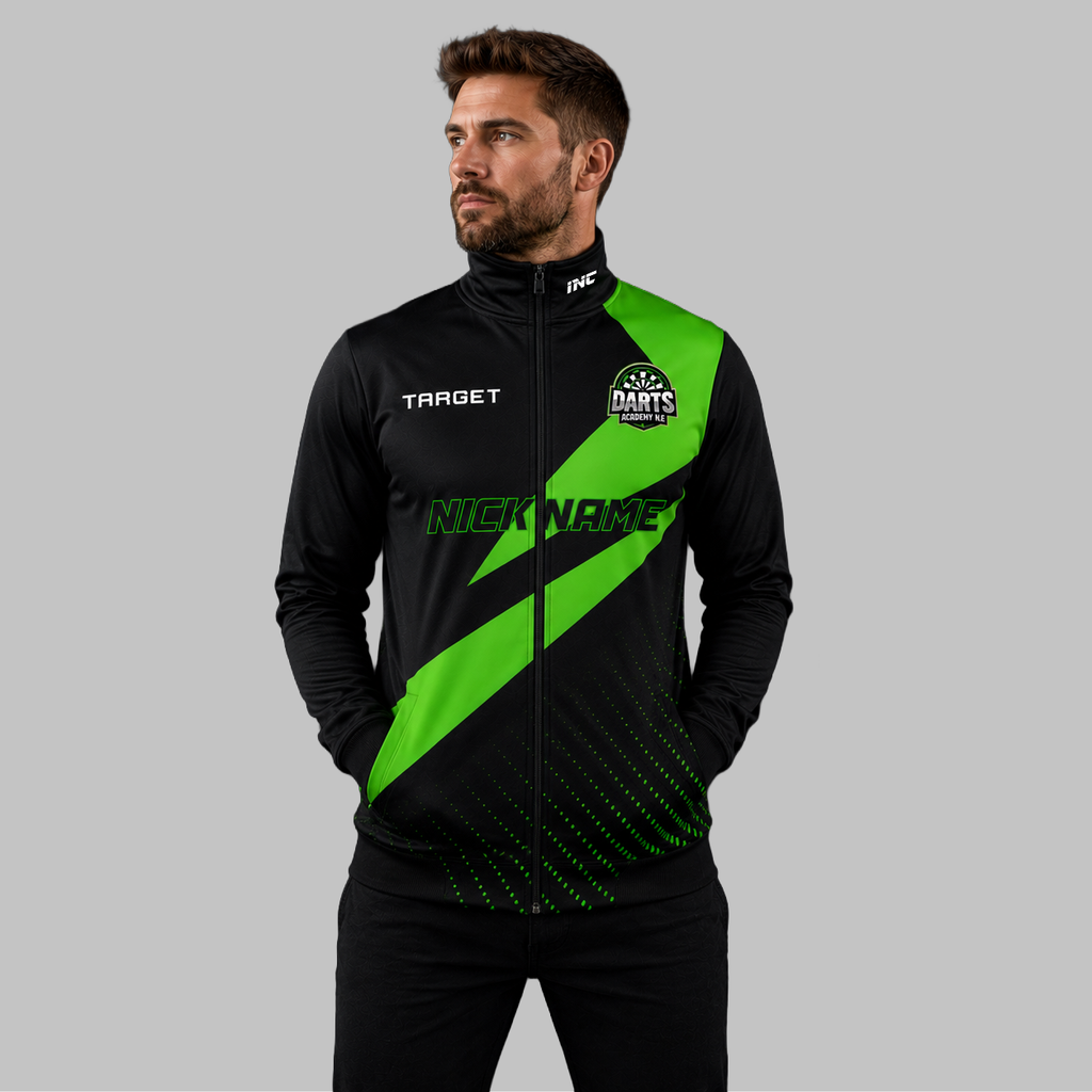 Front view of the unisex Official Darts Academy North East Tournament Jacket, highlighting the sleek full-zip design, athletic collar, and prominent official academy branding.