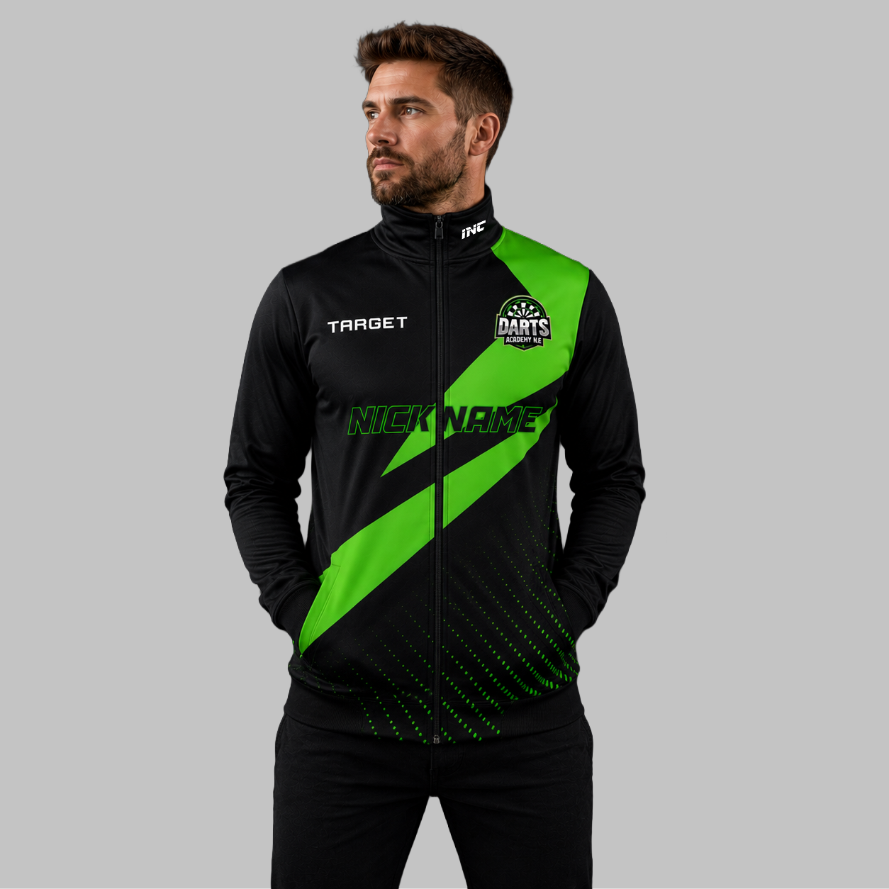Front view of the unisex Official Darts Academy North East Tournament Jacket, highlighting the sleek full-zip design, athletic collar, and prominent official academy branding.