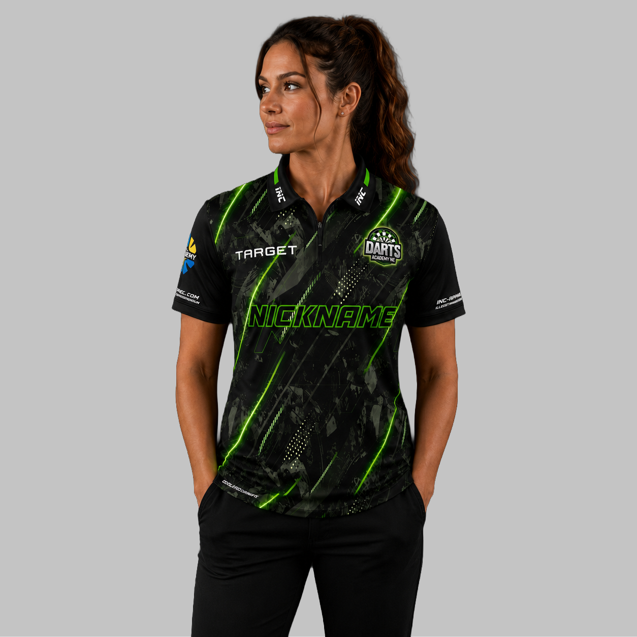 Front view of the Women's Official Darts Academy North East Travel Shirt, featuring the custom-contoured fit, classic collar, and embroidered academy crest.