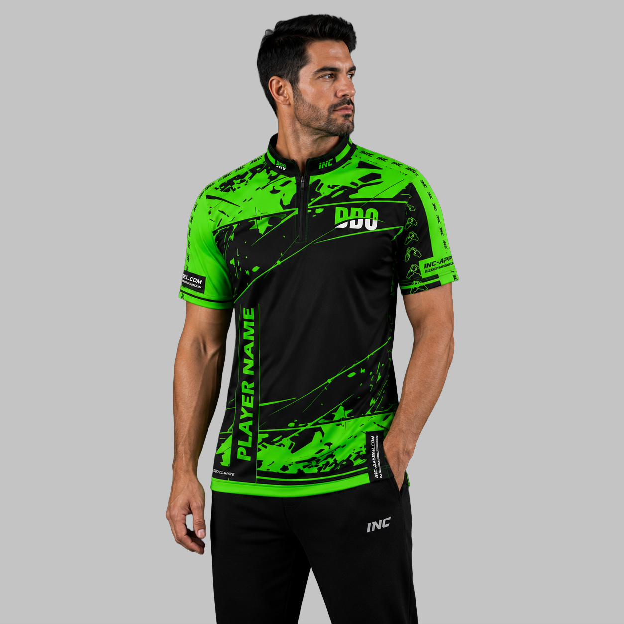 Front view of the Men and Youth Official Deaf Darts Organisation Green and Black shirt, showcasing the professional athletic design and prominent DDO branding.
