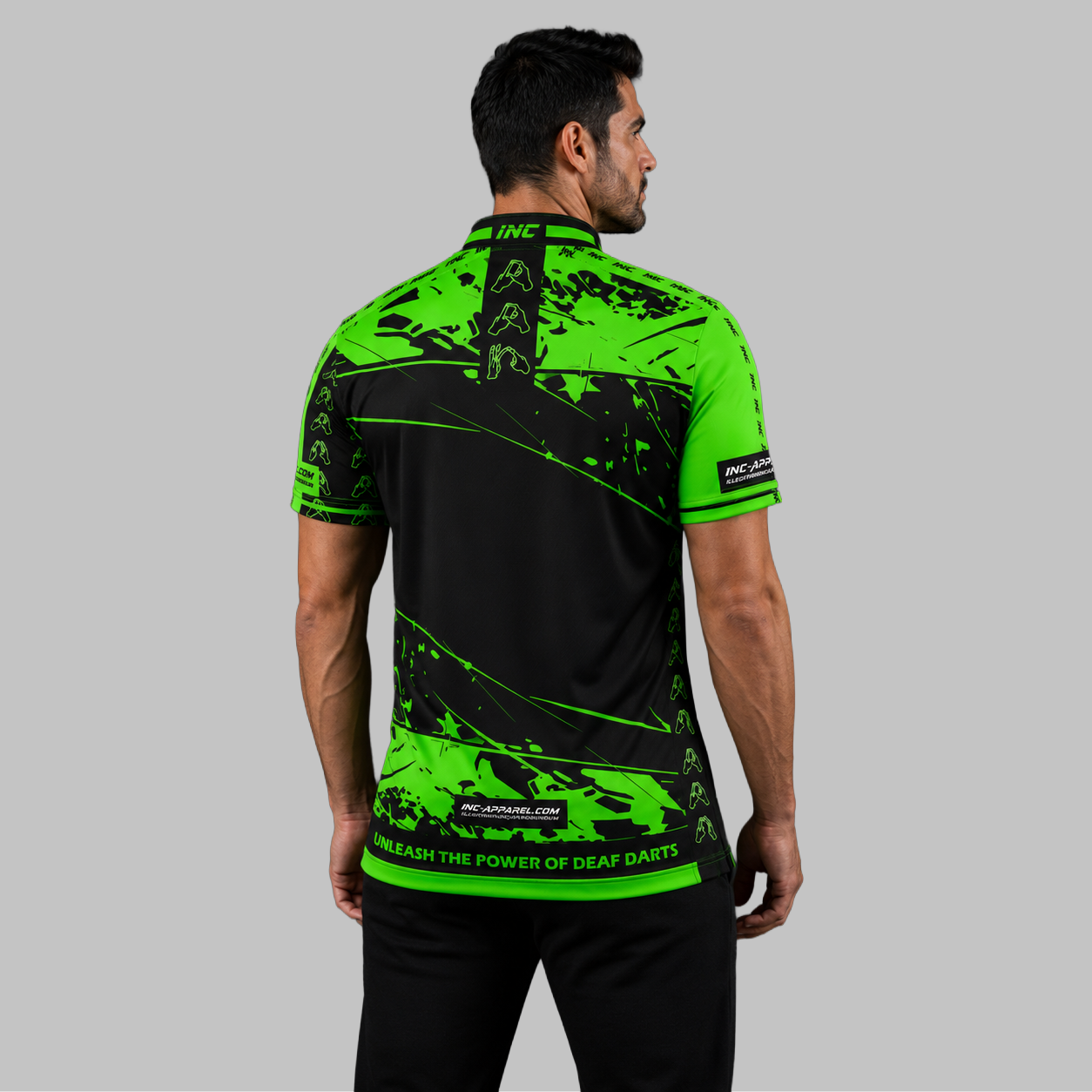 Back view of the Men and Youth Official Deaf Darts Organisation Green and Black shirt, showing the clean, continuous flow of the sublimated team design across the shoulders.
