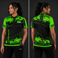 Front view of the Women's Official Deaf Darts Organisation Green and Black shirt, showing the custom-contoured athletic fit and prominent DDO branding.