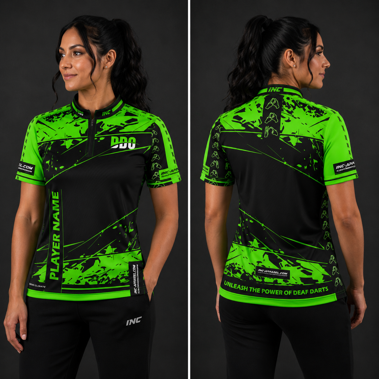 Front view of the Women's Official Deaf Darts Organisation Green and Black shirt, showing the custom-contoured athletic fit and prominent DDO branding.