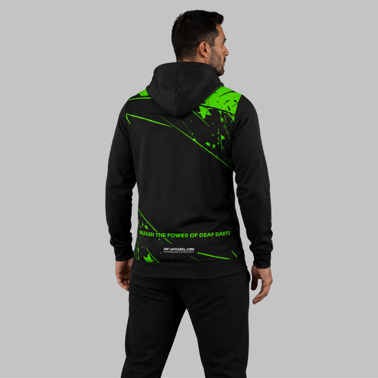 Back view of the unisex Official Deaf Darts Organisation Green Hoodie, showcasing the clean fit and double-lined hood architecture.