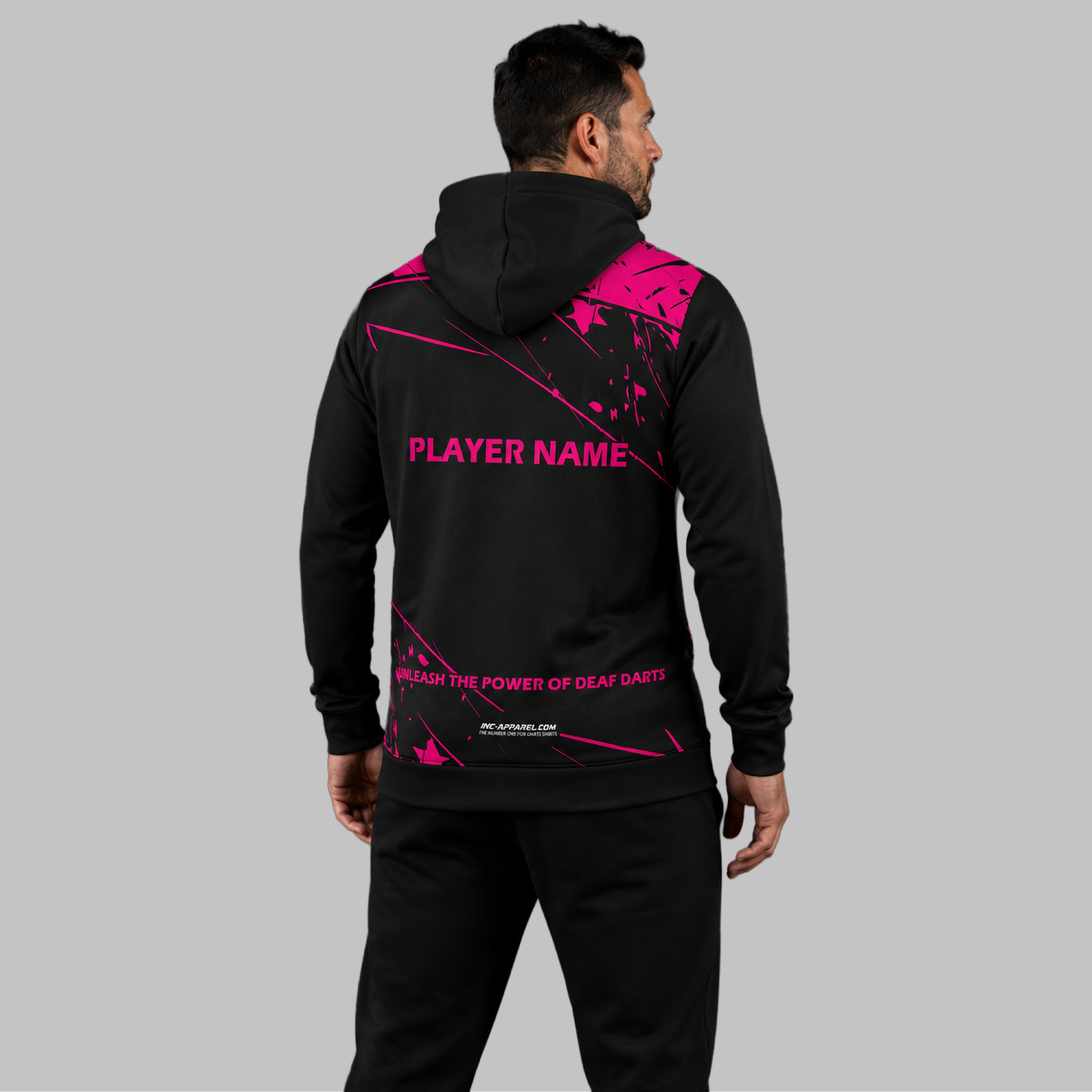 Back view of the unisex Official Deaf Darts Organisation Pink Hoodie, showcasing the clean fit and double-lined hood architecture.