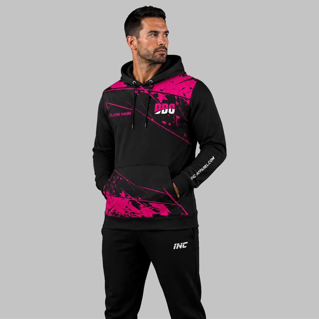 Front view of the unisex Official Deaf Darts Organisation Pink Hoodie, highlighting the cozy fleece design and bold DDO branding across the chest.
