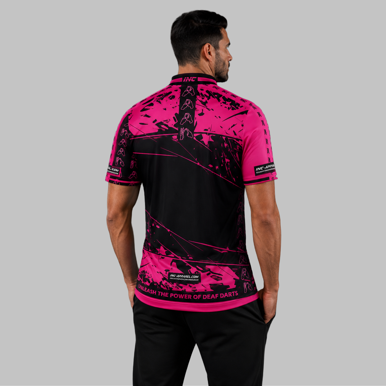 Back view of the Men and Youth Official Deaf Darts Organisation Pink Match shirt, showing the clean, continuous flow of the sublimated team design across the shoulders.