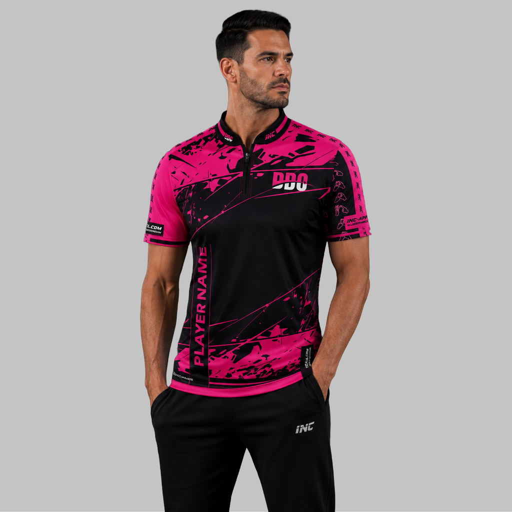 Front view of the Men and Youth Official Deaf Darts Organisation Pink Match shirt, showcasing the professional athletic design and prominent DDO branding.
