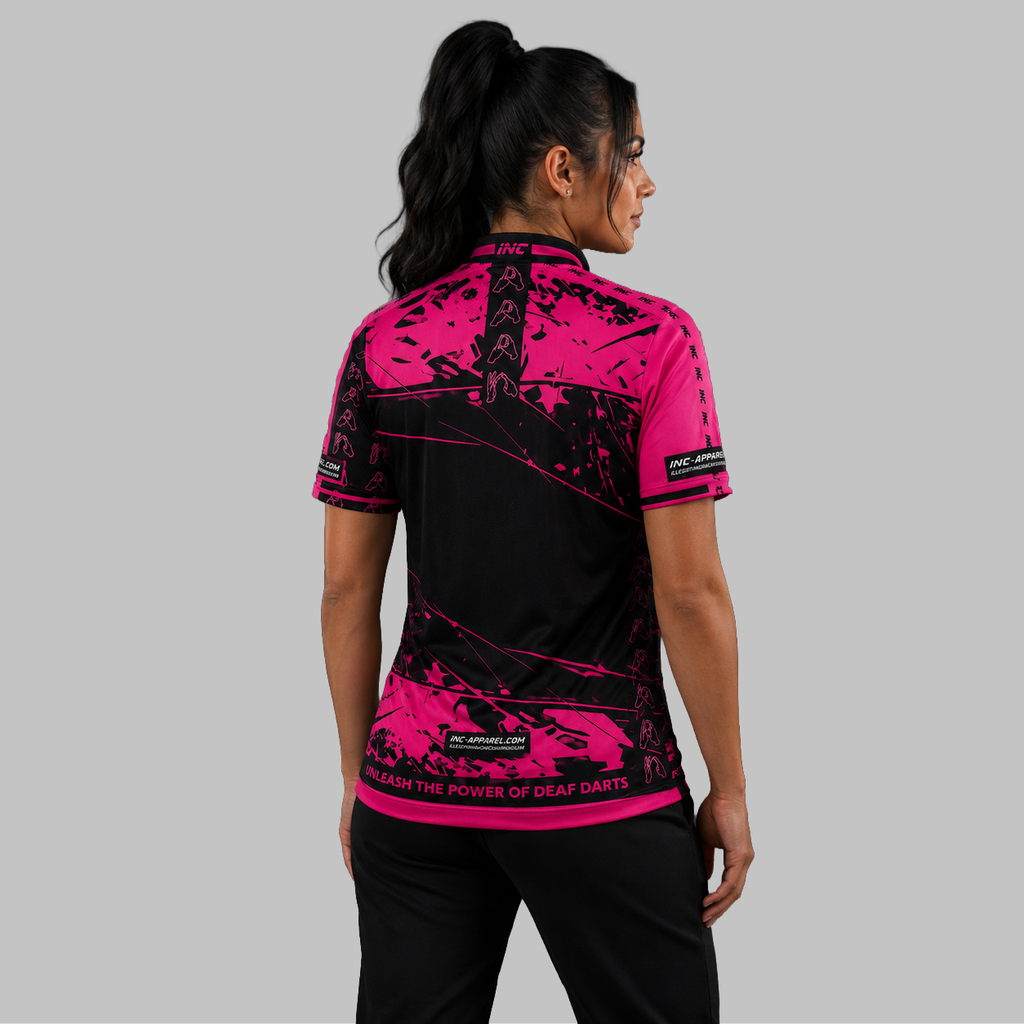 Back view of the Women's Official Deaf Darts Organisation Pink and Black shirt, showcasing the seamless flow of the sublimated team design across the shoulders.